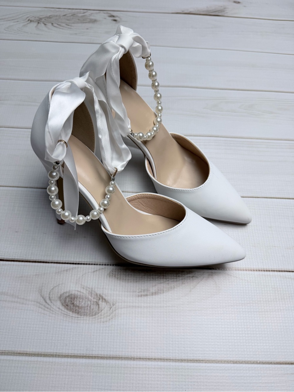 Pointed Toe Bridal Heels with Pearl Ankle Strap & Ribbon Ties - Picture 2 of 8